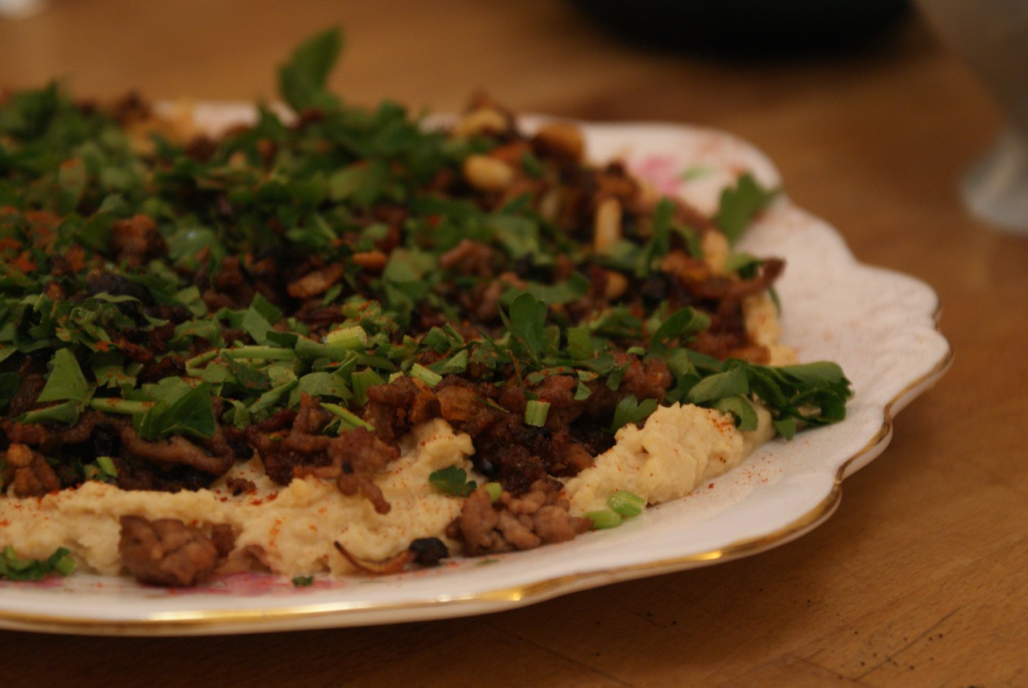 Hummus With Crispy Lamb And Pine Nuts « What Rachel Ate